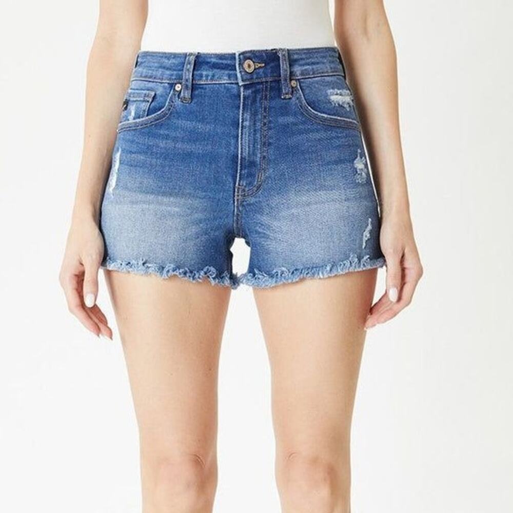 NWT KanCan Women's Frayed Hem Jean Shorts in Medium Wash Denim